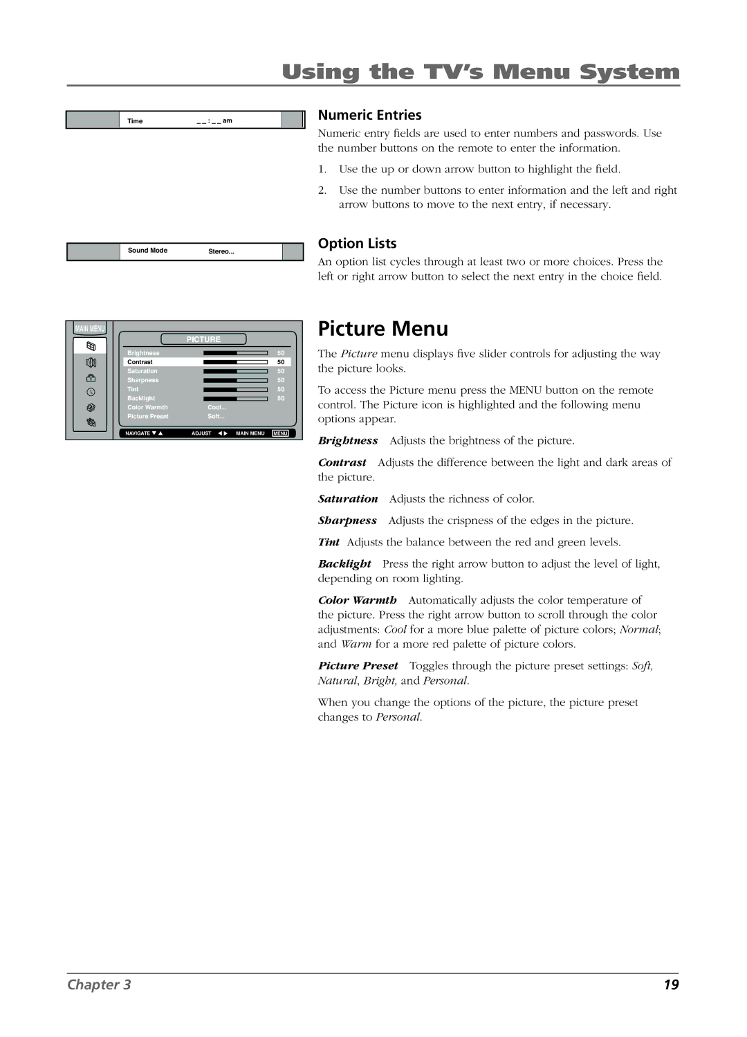 RCA L26W11 manual Using the TV’s Menu System, Picture Menu, Numeric Entries, Option Lists 