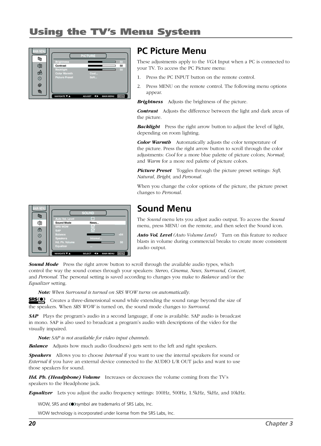 RCA L26W11 manual PC Picture Menu, Sound Menu, Main Menu 