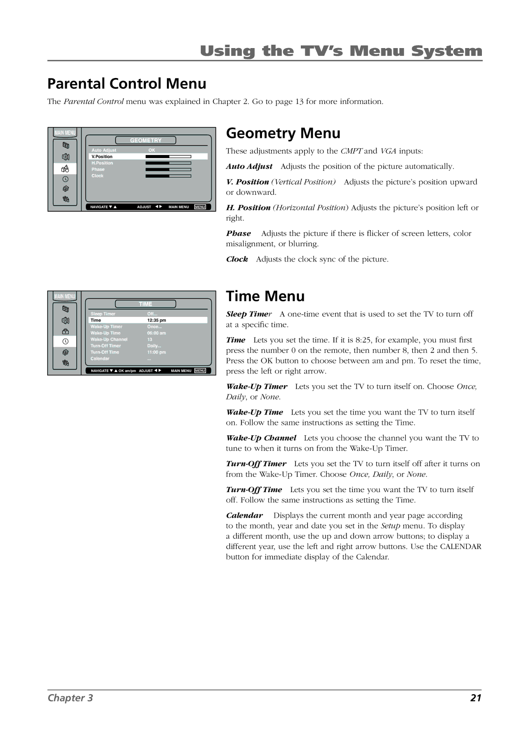 RCA L26W11 manual Parental Control Menu, Geometry Menu, Time Menu, Main Menu Geometry, Main Menu Time 