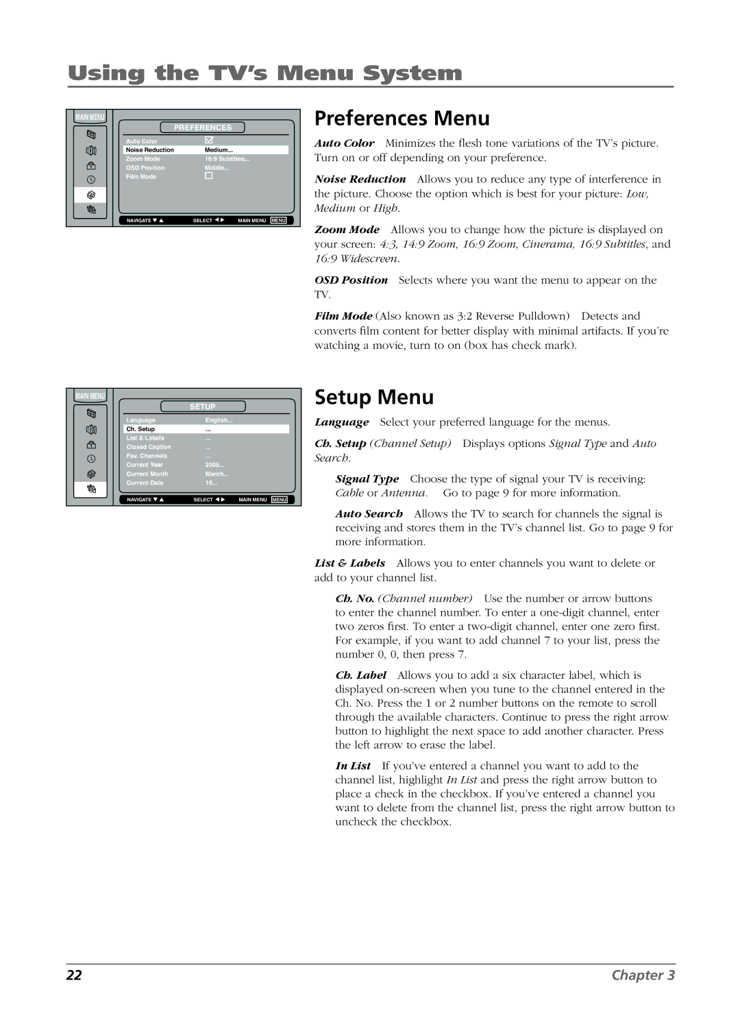 RCA L26W11 manual Preferences Menu, Setup Menu, Main Menu Preferences 