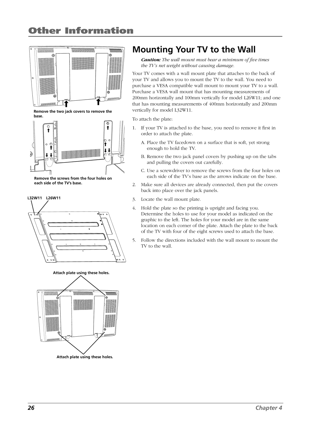 RCA L26W11 manual Mounting Your TV to the Wall 