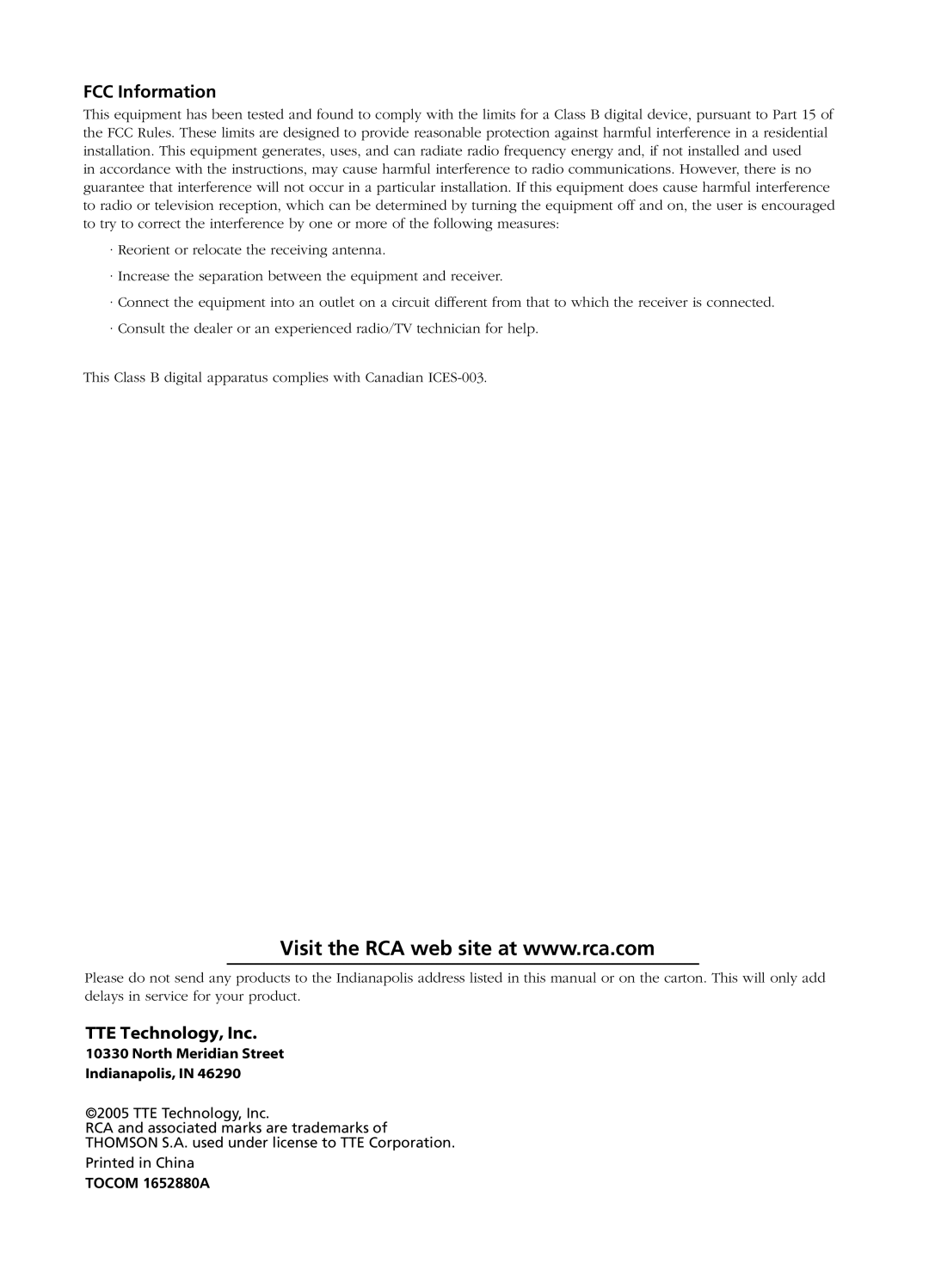 RCA L26W11 manual FCC Information, TTE Technology, Inc 