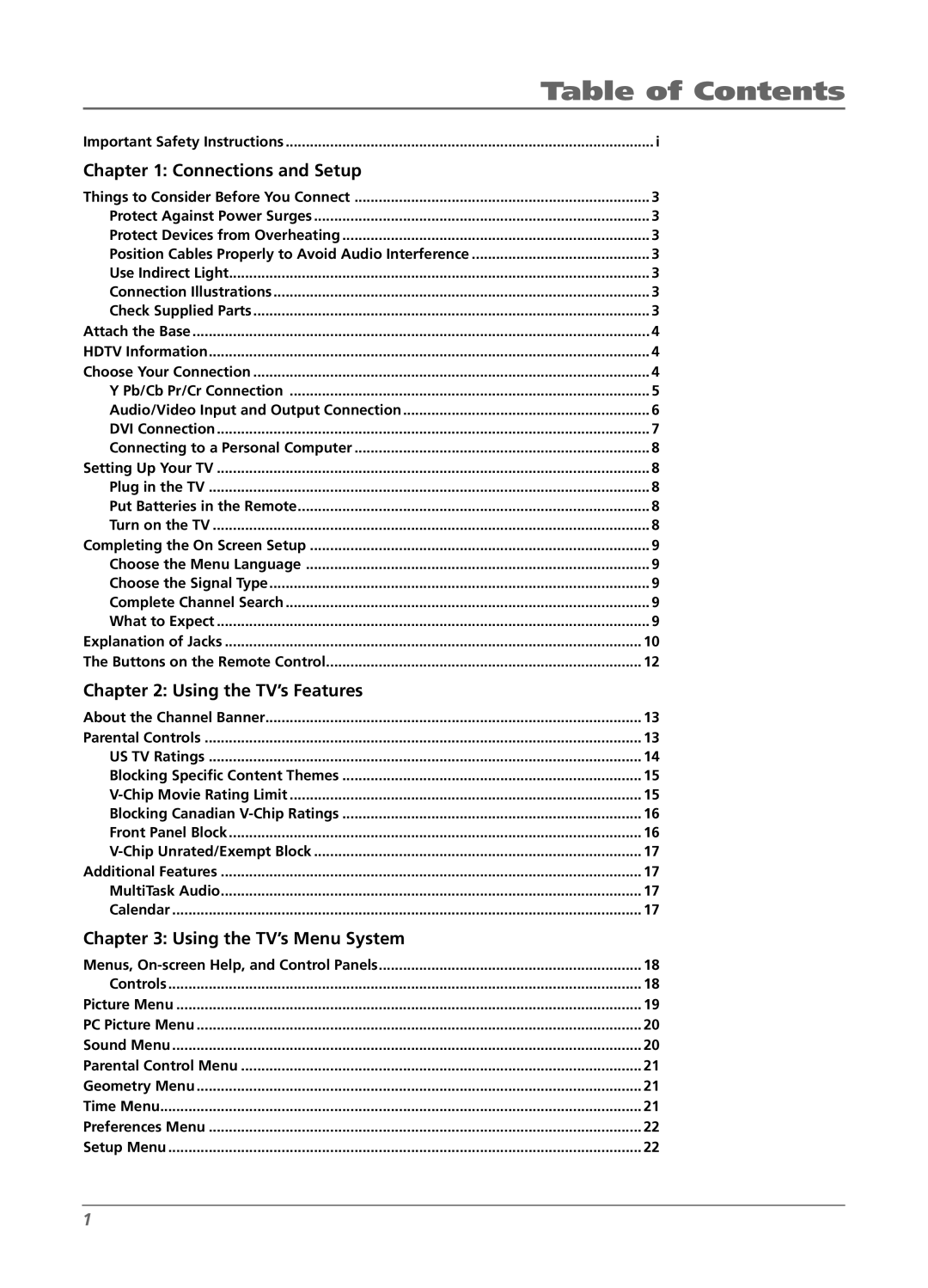 RCA L26W11 manual Table of Contents 