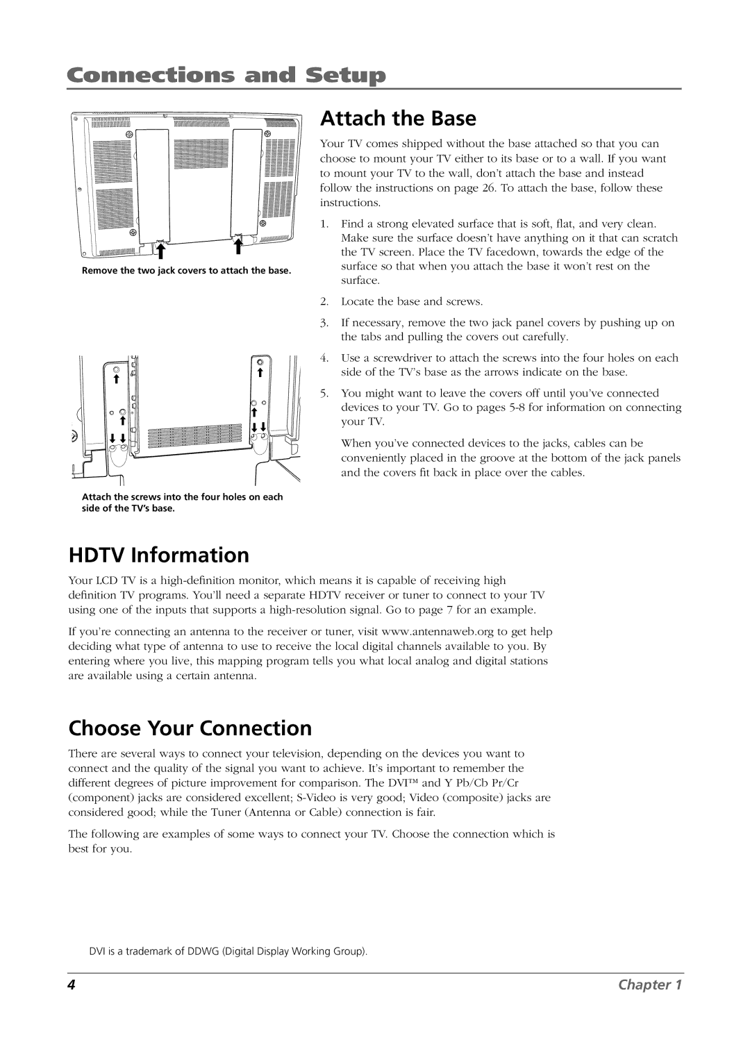 RCA L26W11 manual Connections and Setup, Attach the Base, Hdtv Information, Choose Your Connection 