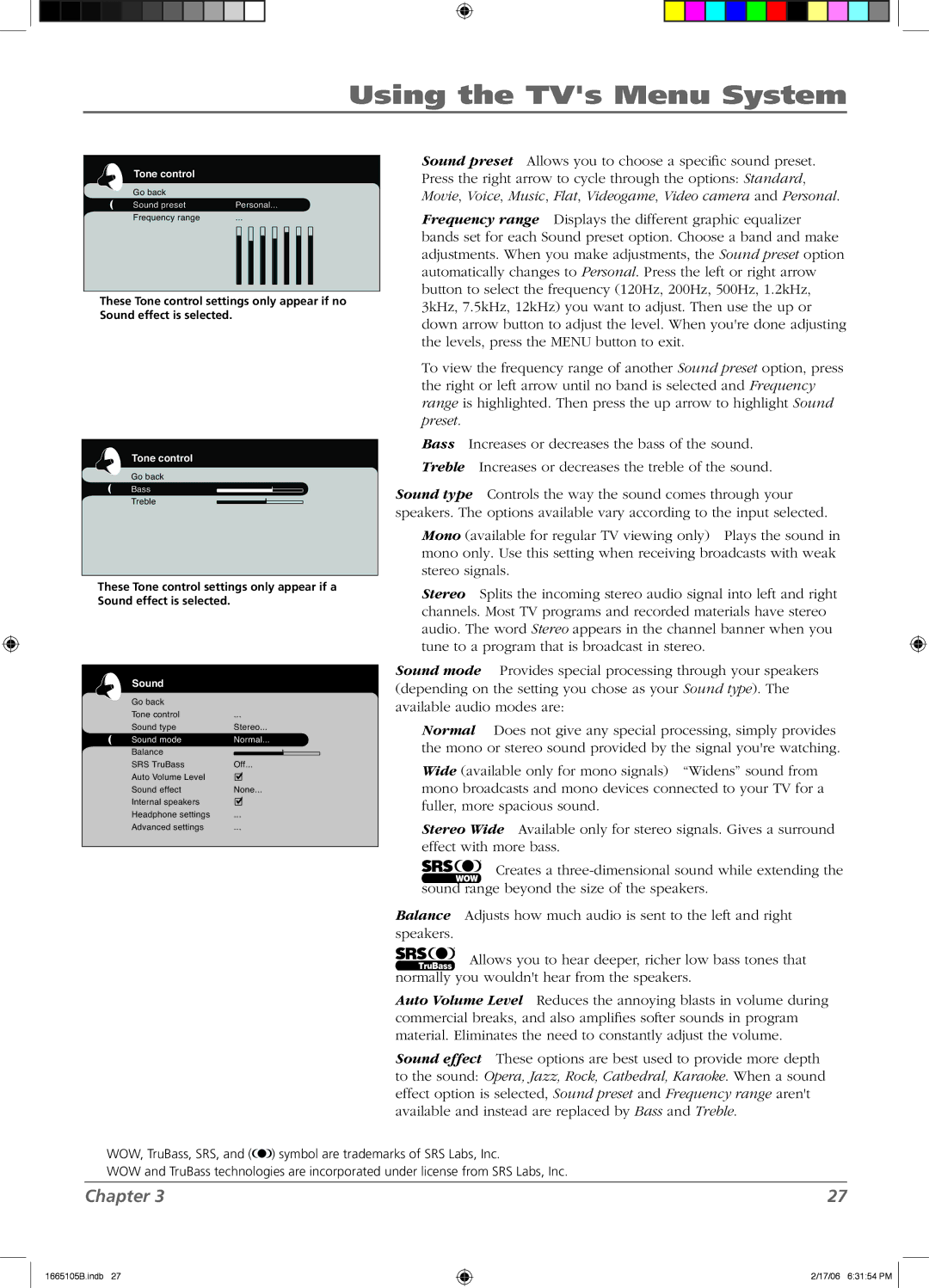 RCA L26WD12 manual Using the TVs Menu System, Sound mode Normal 