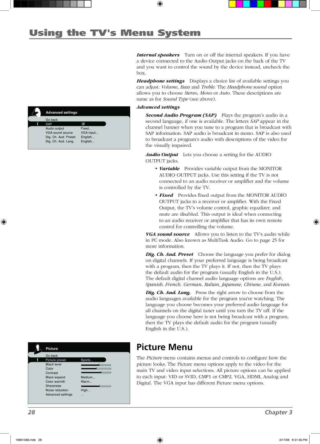 RCA L26WD12 manual Picture Menu, Advanced settings 