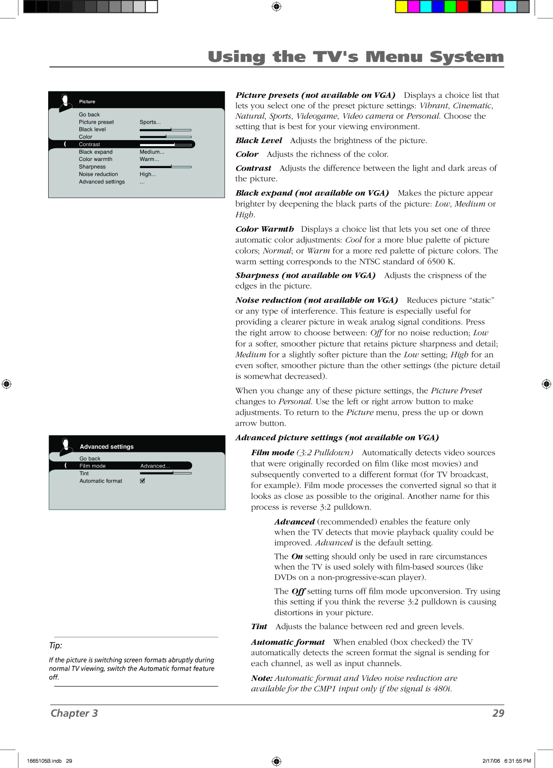 RCA L26WD12 manual Advanced picture settings not available on VGA 