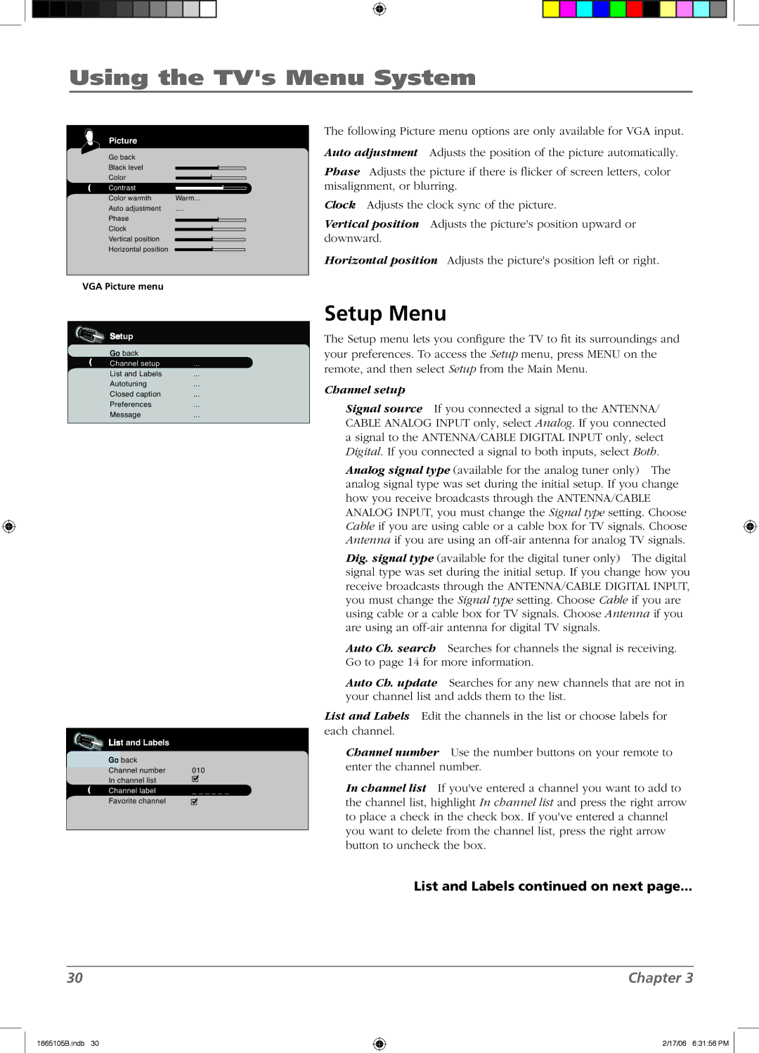 RCA L26WD12 manual Setup Menu, VGA Picture menu 