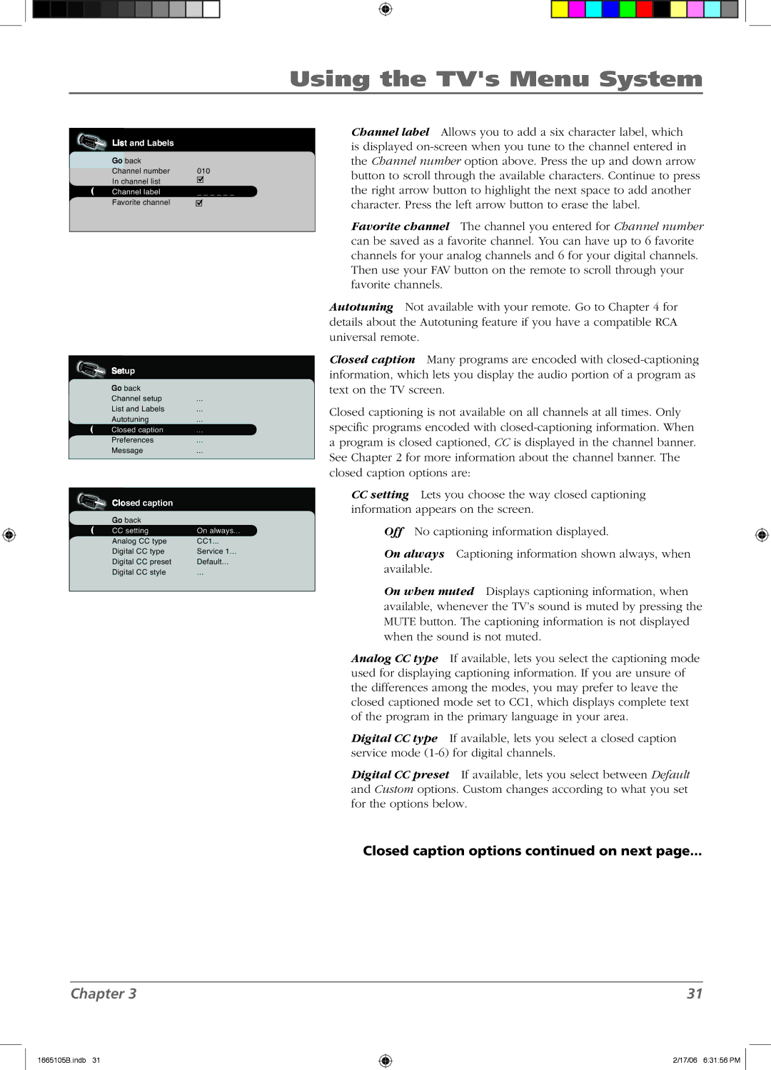 RCA L26WD12 manual Closed caption options on next 