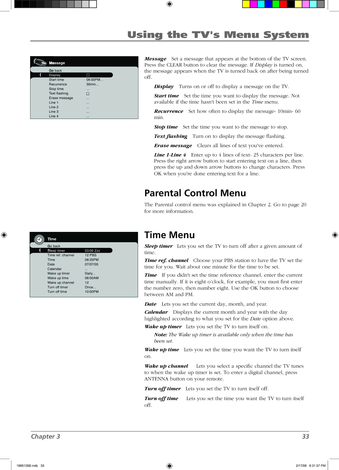 RCA L26WD12 manual Parental Control Menu, Time Menu 