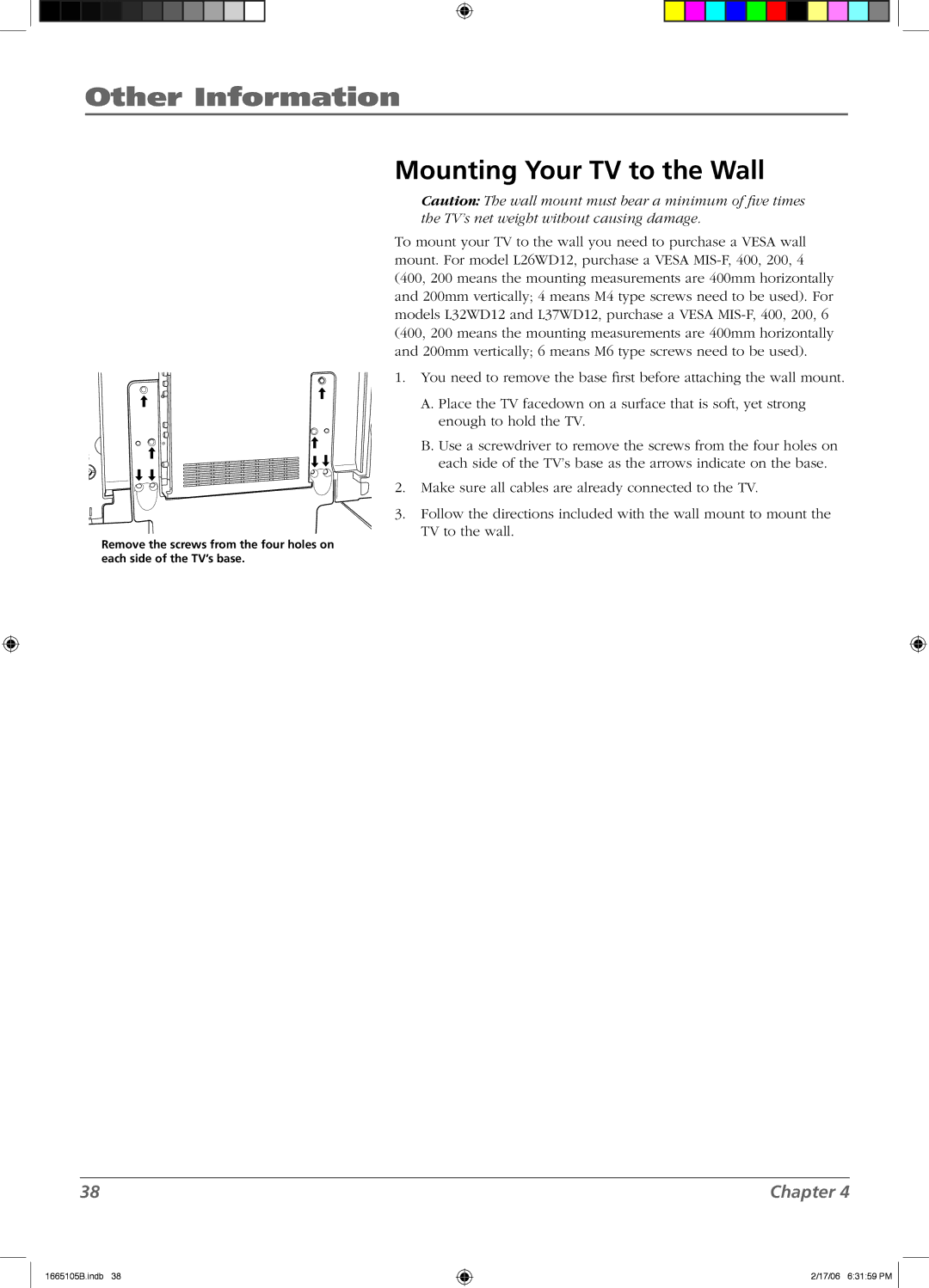 RCA L26WD12 manual Mounting Your TV to the Wall 