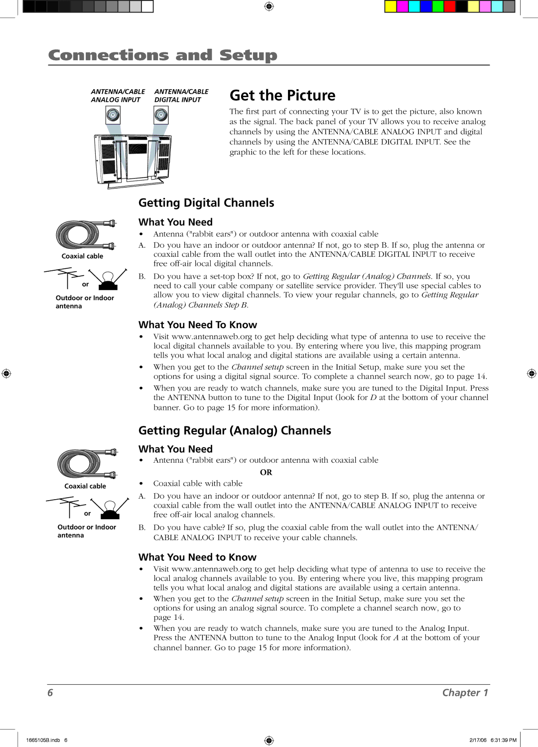 RCA L26WD12 manual Connections and Setup, Get the Picture, Getting Digital Channels, Getting Regular Analog Channels 