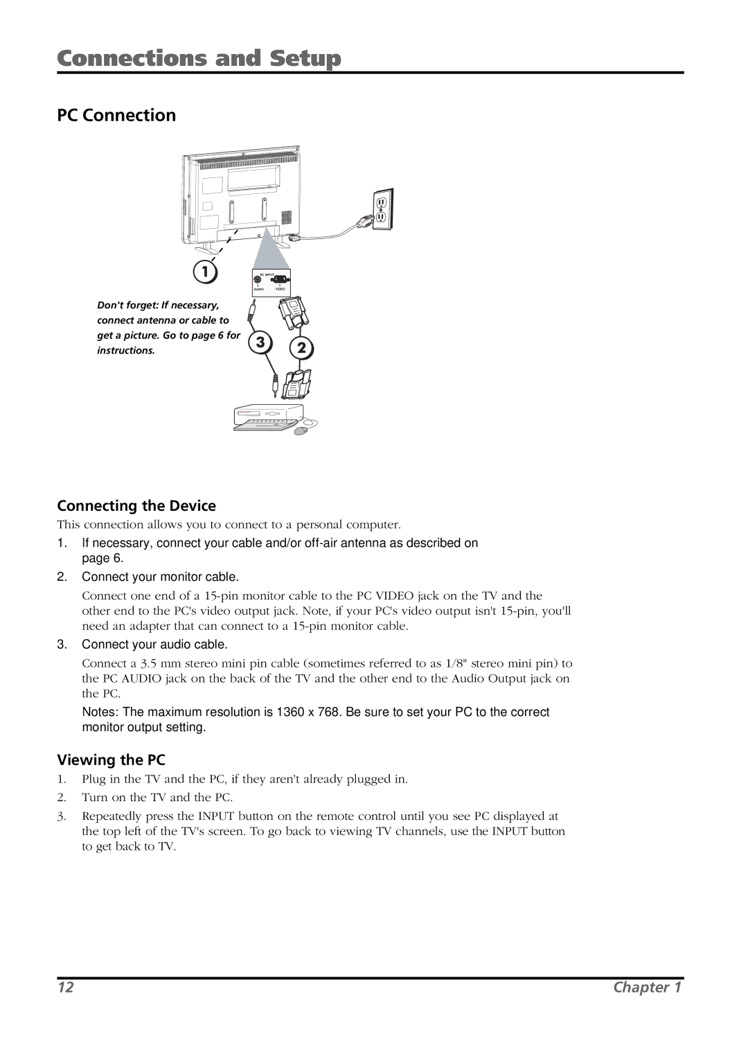 RCA L26WD21 warranty PC Connection, Viewing the PC, Connect your audio cable 