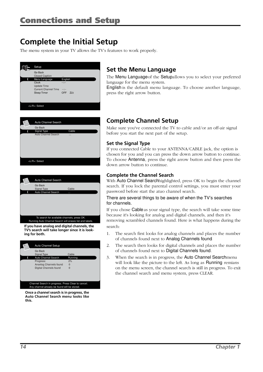 RCA L26WD21 warranty Complete the Initial Setup, Set the Menu Language, Complete Channel Setup 