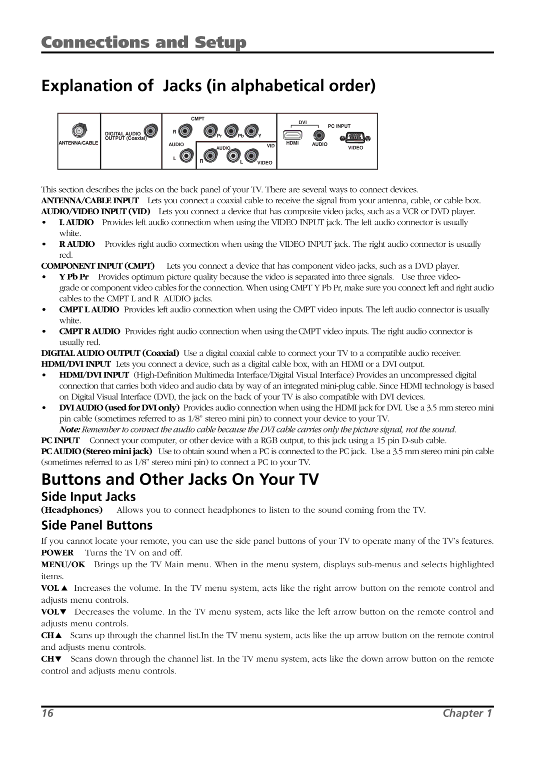 RCA L26WD21 warranty Explanation of Jacks in alphabetical order, Buttons and Other Jacks On Your TV, Side Input Jacks 