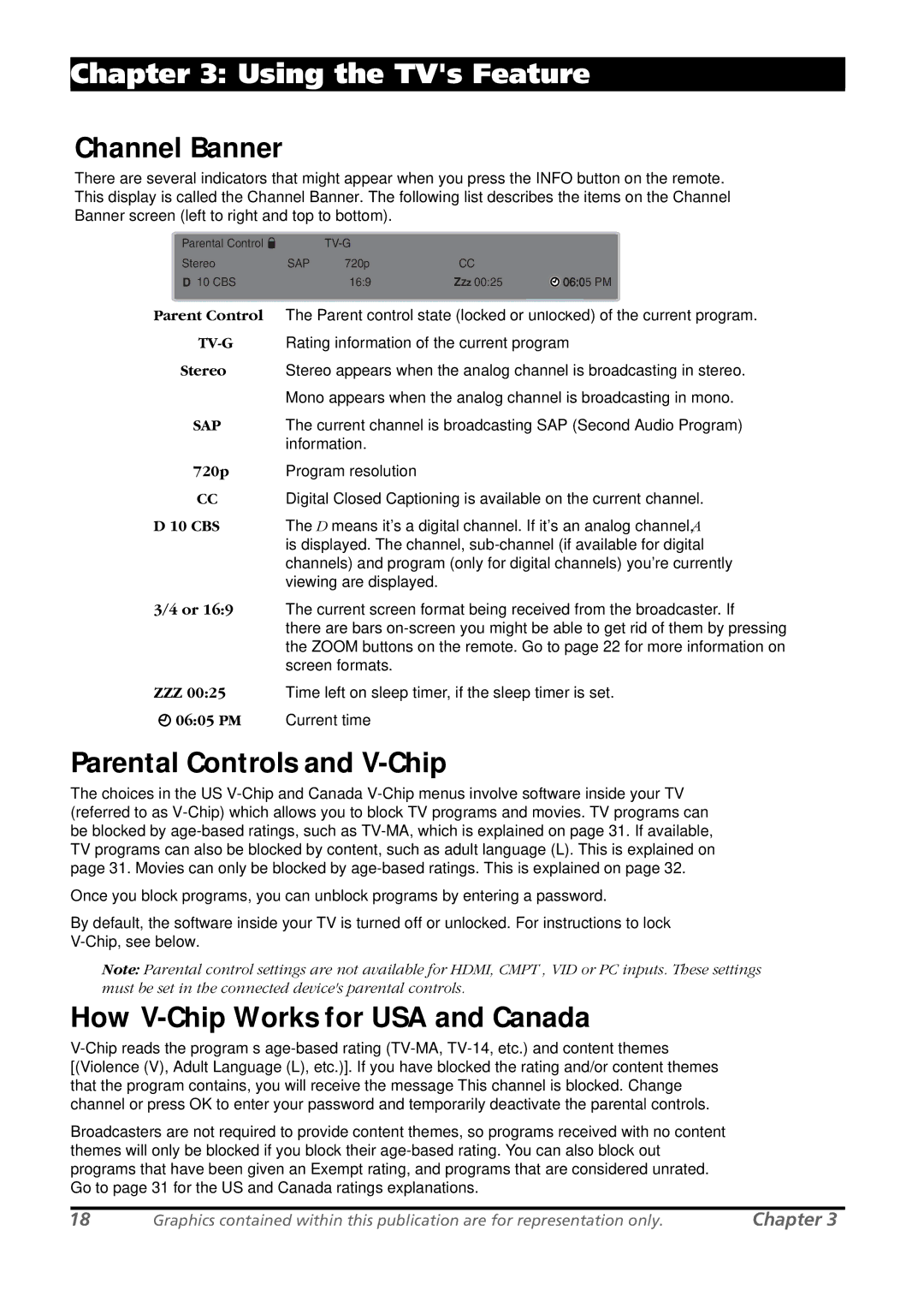 RCA L26WD21 Channel Banner, Parental Controls and V-Chip, How V-Chip Works for USA and Canada, 10 CBS, PM Current time 