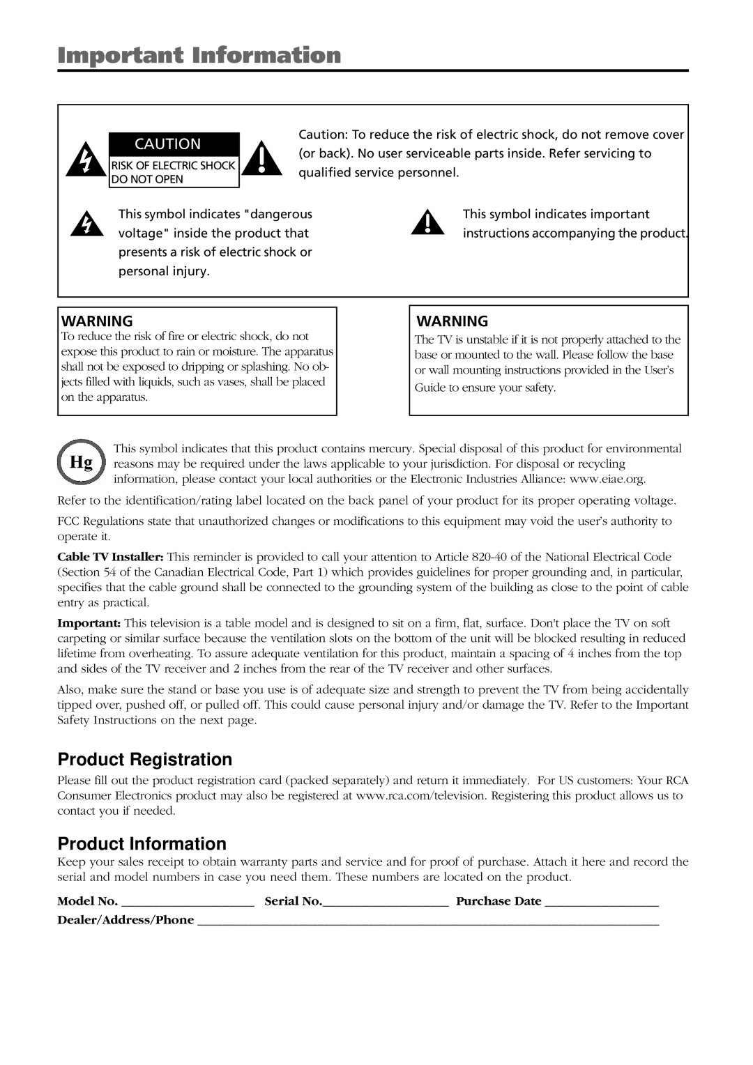 RCA L26WD21 warranty Important Information, Model No. Serial No. Purchase Date Dealer/Address/Phone 