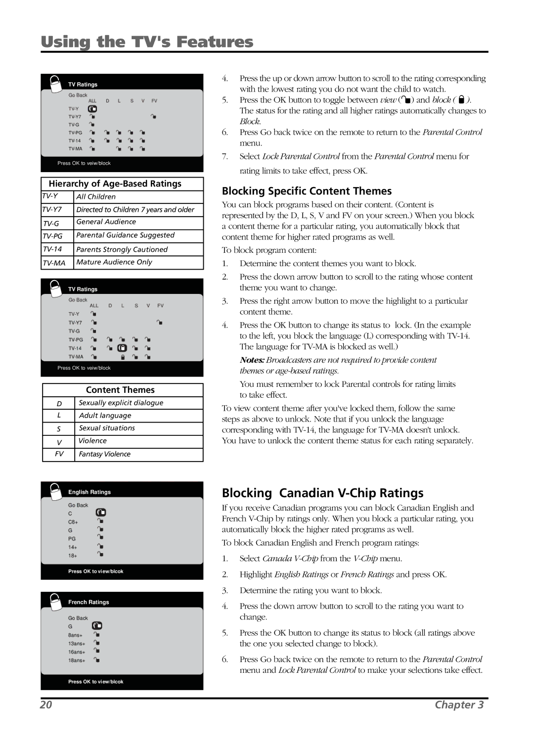 RCA L26WD21 warranty Blocking Canadian V-Chip Ratings, Blocking Specific Content Themes 