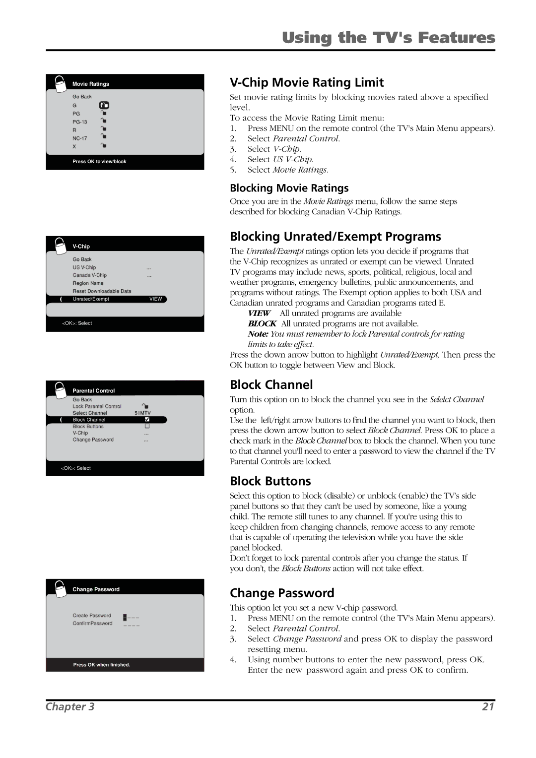 RCA L26WD21 Chip Movie Rating Limit, Blocking Unrated/Exempt Programs, Block Channel, Block Buttons, Change Password 