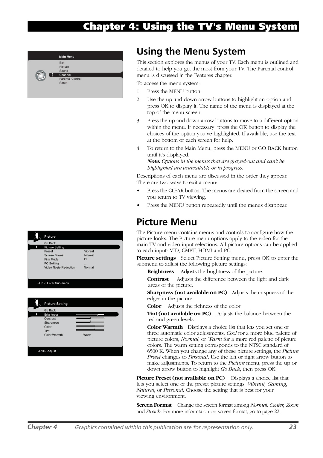 RCA L26WD21 warranty Using the Menu System, Picture Menu, Picture Setting 