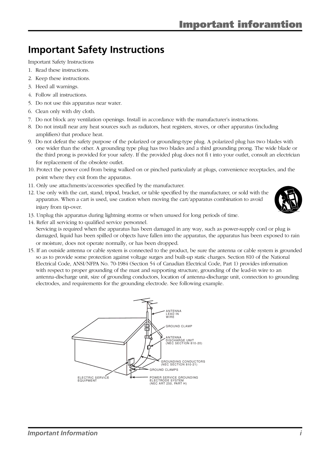 RCA L26WD21 warranty Important inforamtion, Important Safety Instructions 