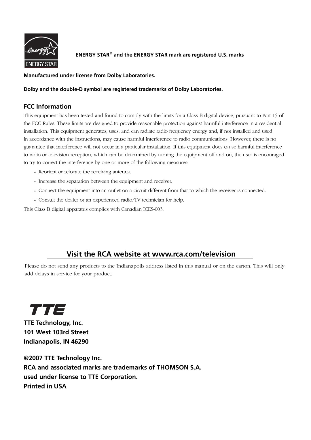 RCA L26WD21 warranty FCC Information 