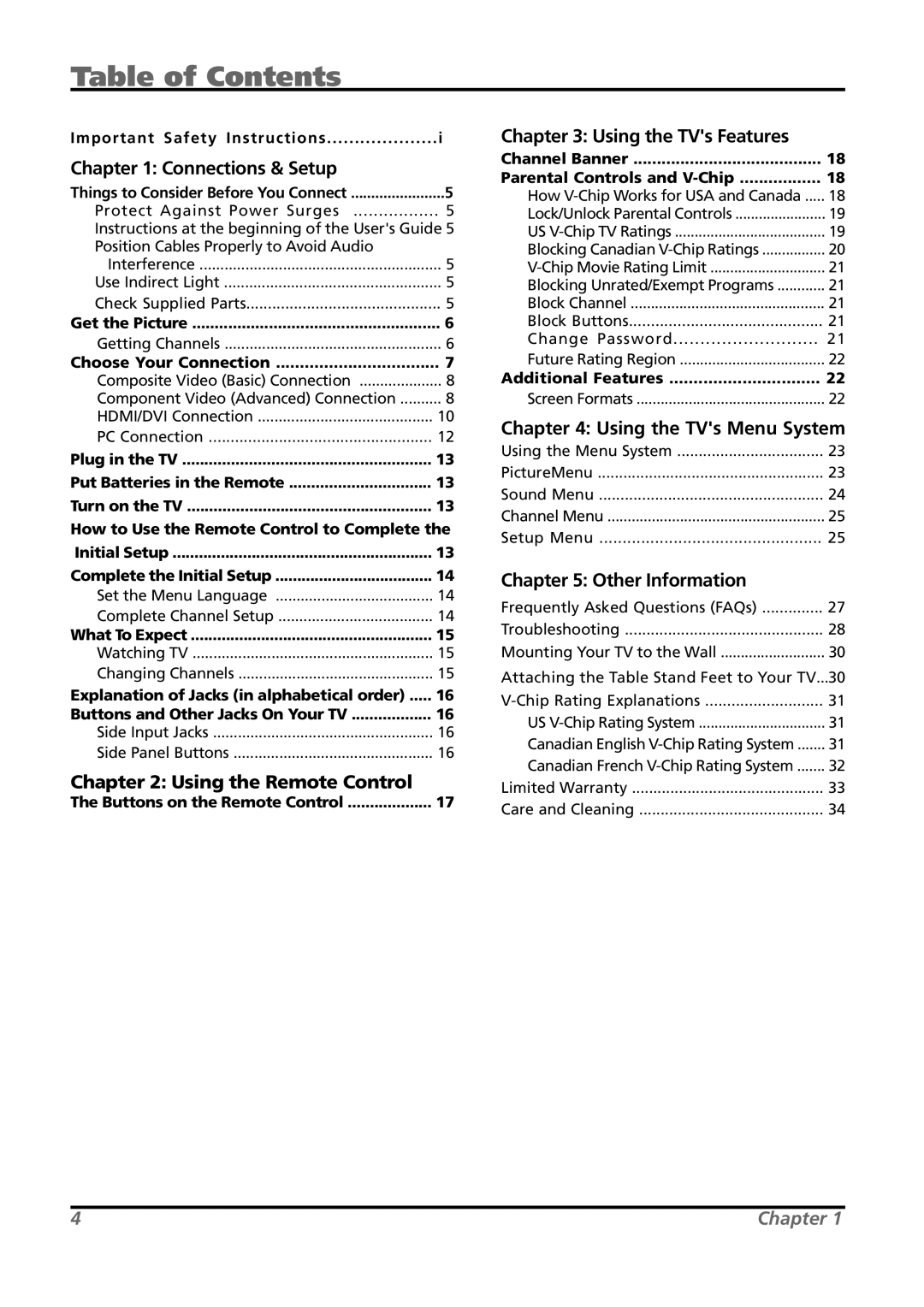 RCA L26WD21 warranty Table of Contents 