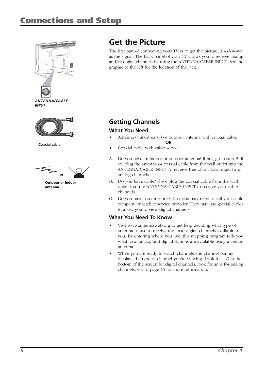 RCA L26WD21 warranty Connections and Setup, Get the Picture, Getting Channels, What You Need To Know 