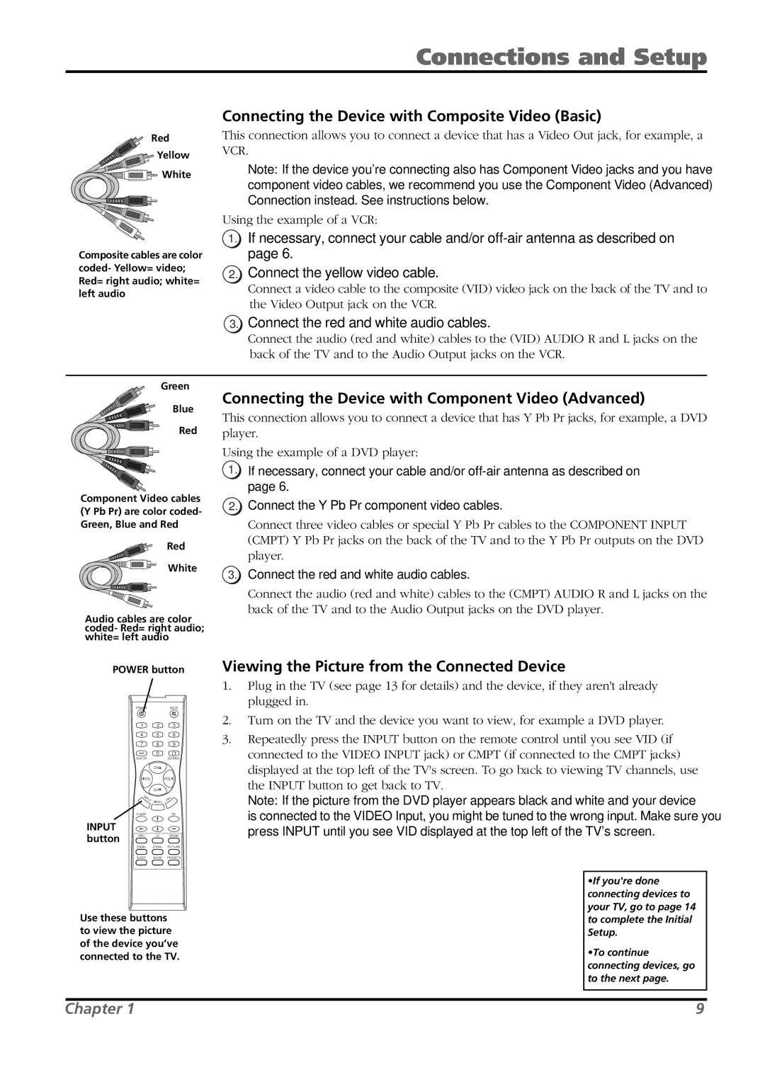 RCA L26WD21 warranty Connecting the Device with Composite Video Basic, Connecting the Device with Component Video Advanced 