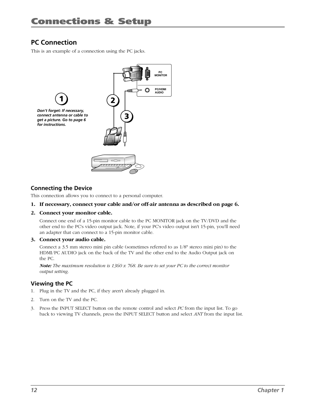 RCA L26WD26D warranty PC Connection, Viewing the PC 