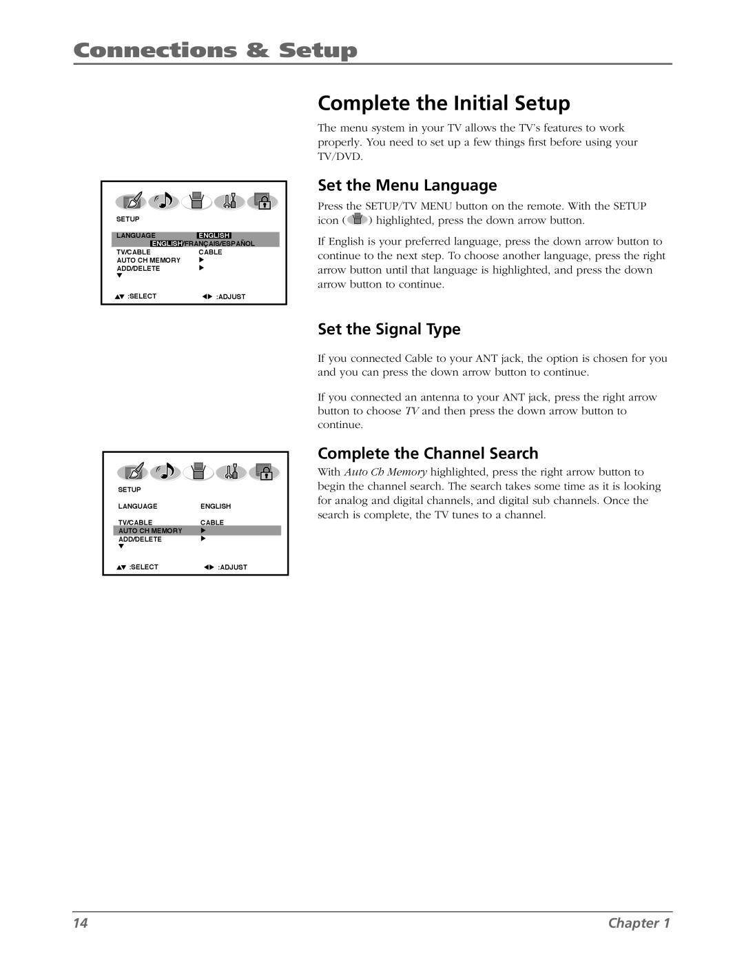 RCA L26WD26D warranty Complete the Initial Setup, Set the Menu Language, Set the Signal Type, Complete the Channel Search 