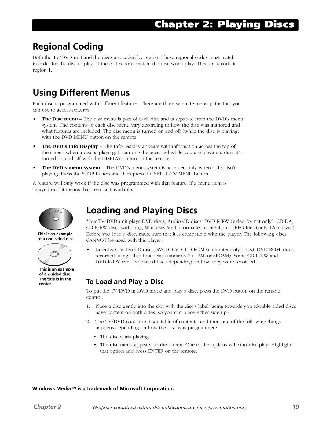 RCA L26WD26D warranty Regional Coding, Using Different Menus, Loading and Playing Discs, To Load and Play a Disc 