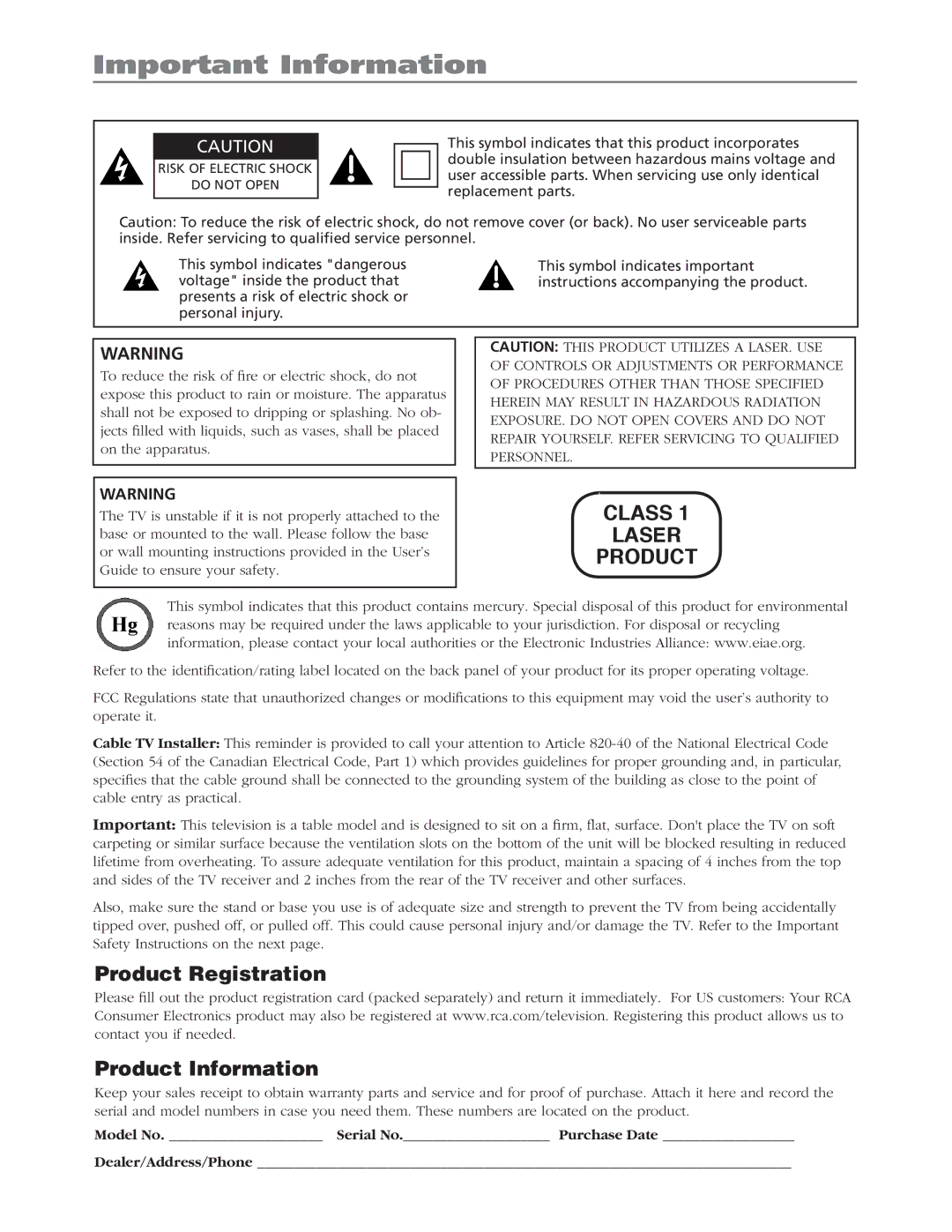 RCA L26WD26D warranty Important Information, Class Laser Product 