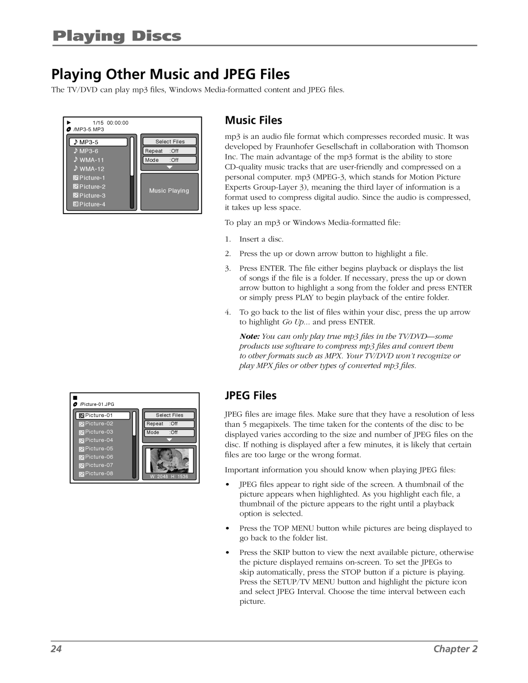 RCA L26WD26D warranty Playing Other Music and Jpeg Files, Music Files 