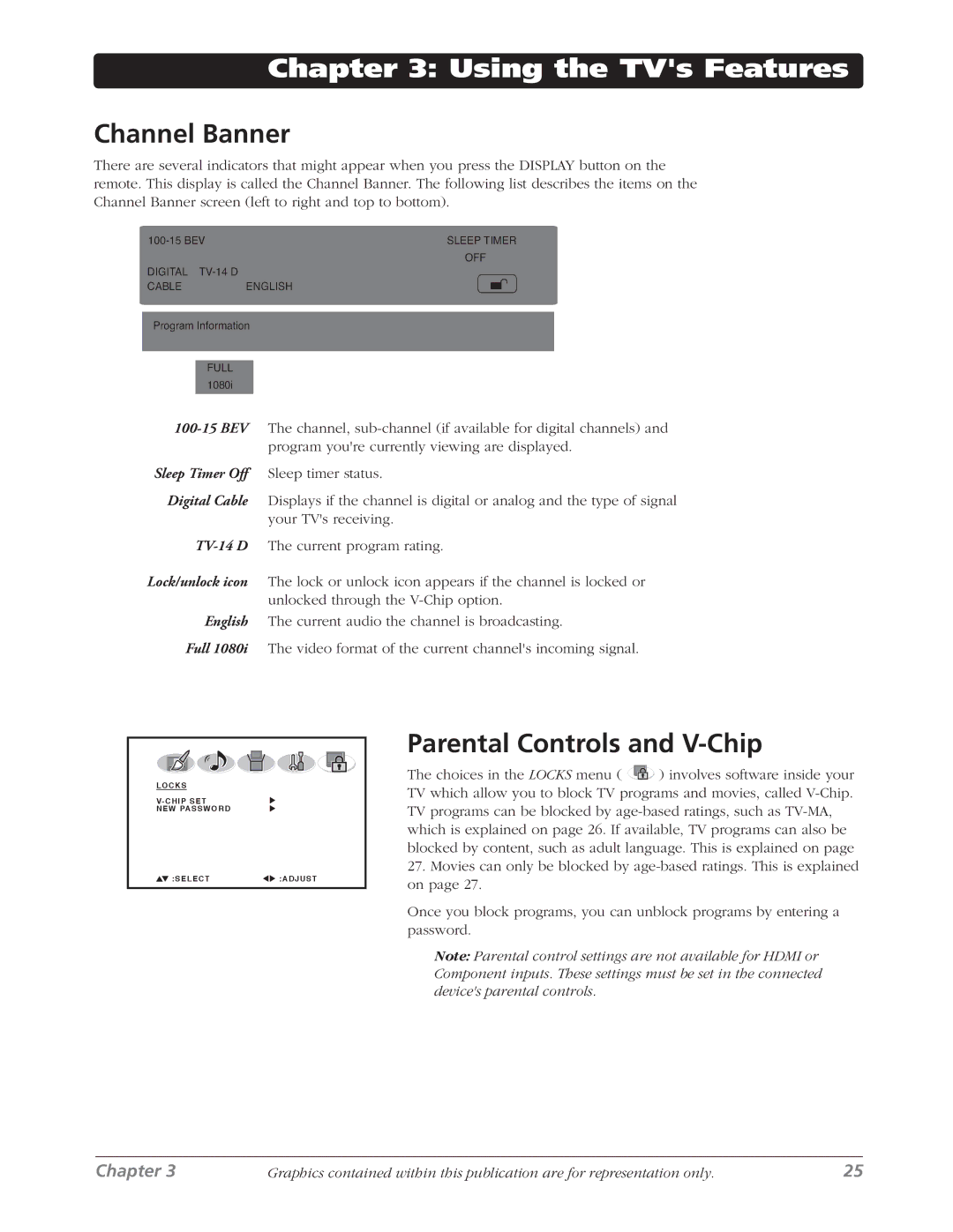 RCA L26WD26D warranty Using the TVs Features, Channel Banner, Parental Controls and V-Chip 