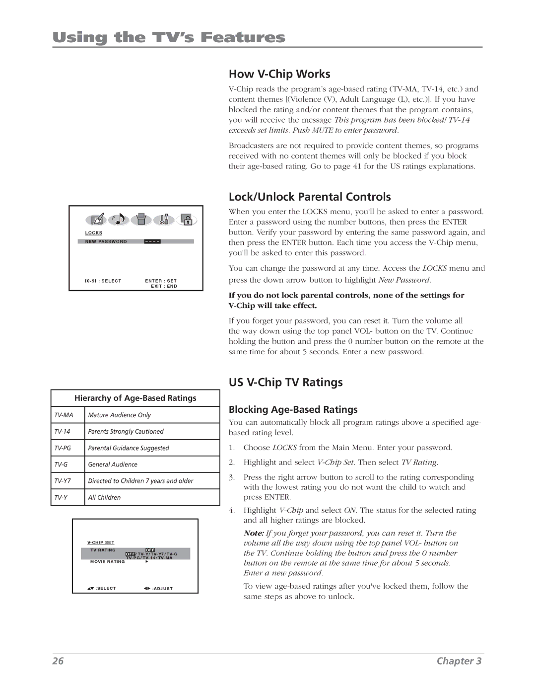 RCA L26WD26D warranty Using the TV’s Features, How V-Chip Works, Lock/Unlock Parental Controls, US V-Chip TV Ratings 