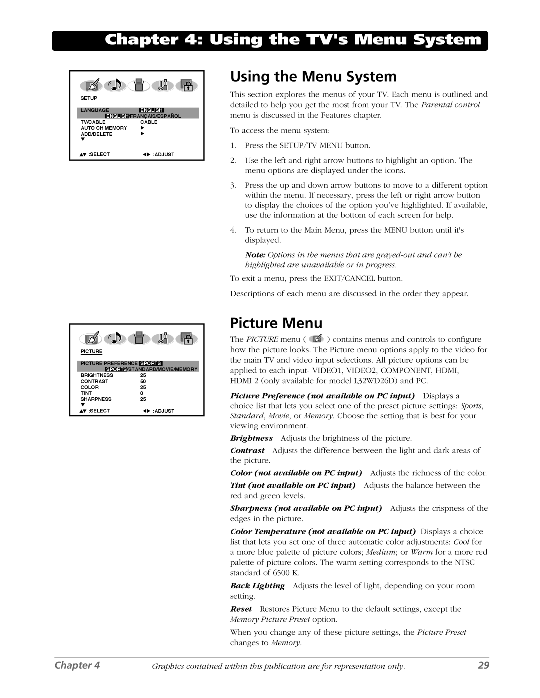 RCA L26WD26D warranty Using the TVs Menu System, Using the Menu System, Picture Menu 