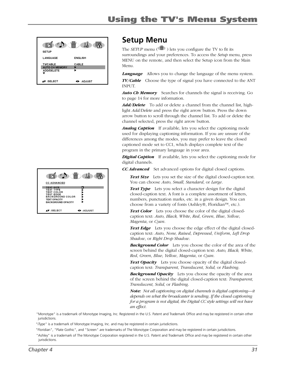 RCA L26WD26D warranty Setup Menu 