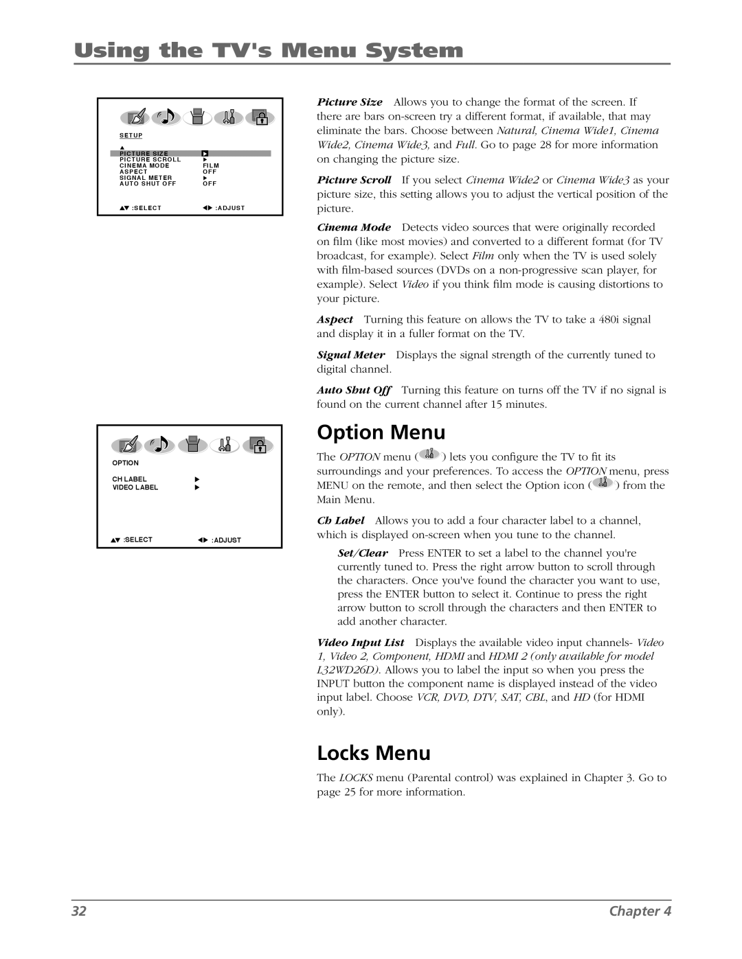 RCA L26WD26D warranty Option Menu, Locks Menu 