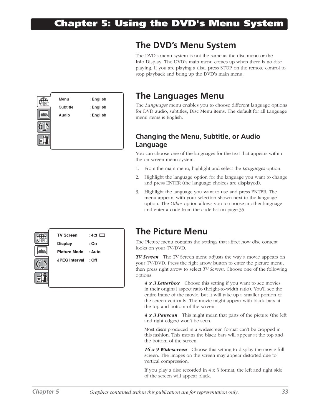 RCA L26WD26D Using the DVDs Menu System, DVD’s Menu System, Languages Menu, Changing the Menu, Subtitle, or Audio Language 