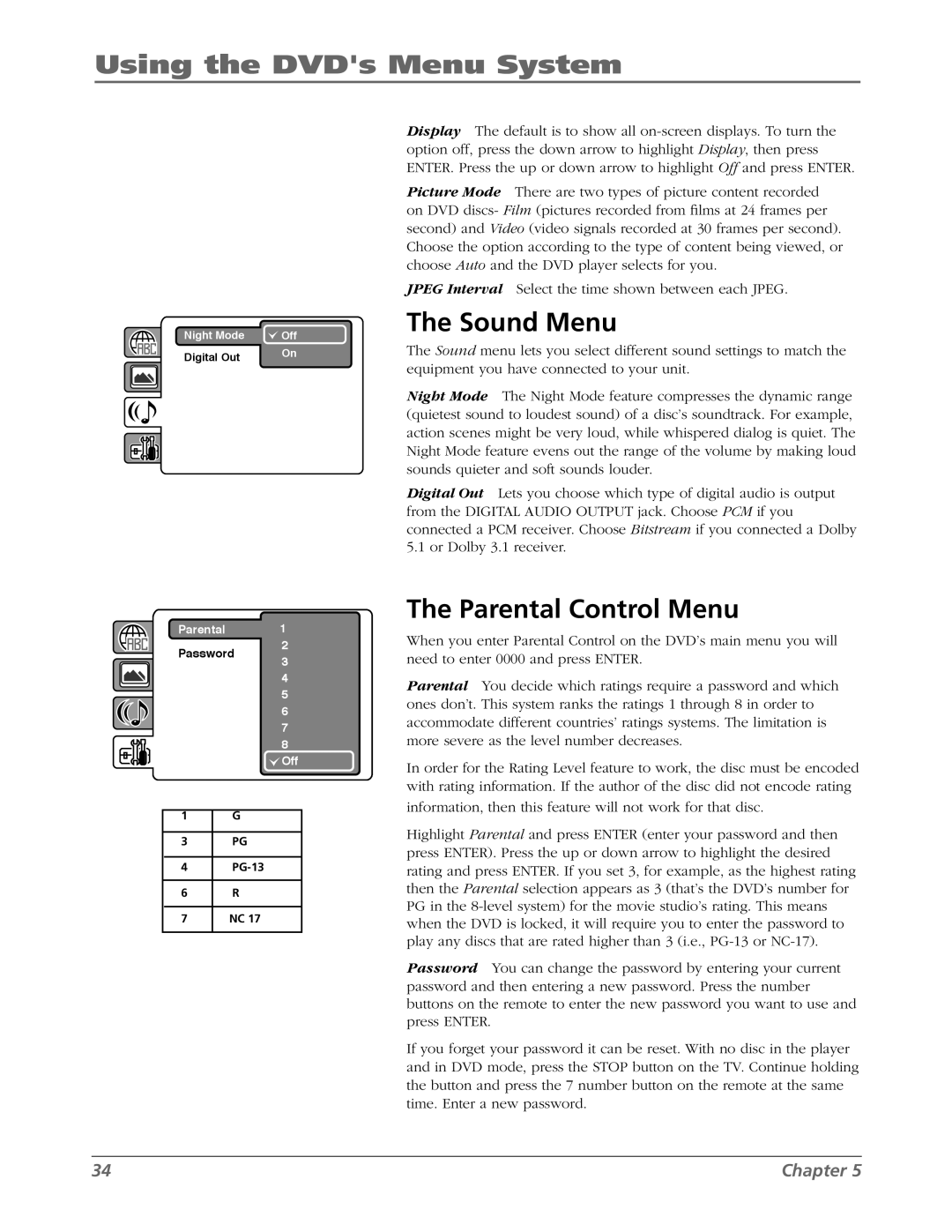 RCA L26WD26D warranty Using the DVDs Menu System, Sound Menu, Parental Control Menu 