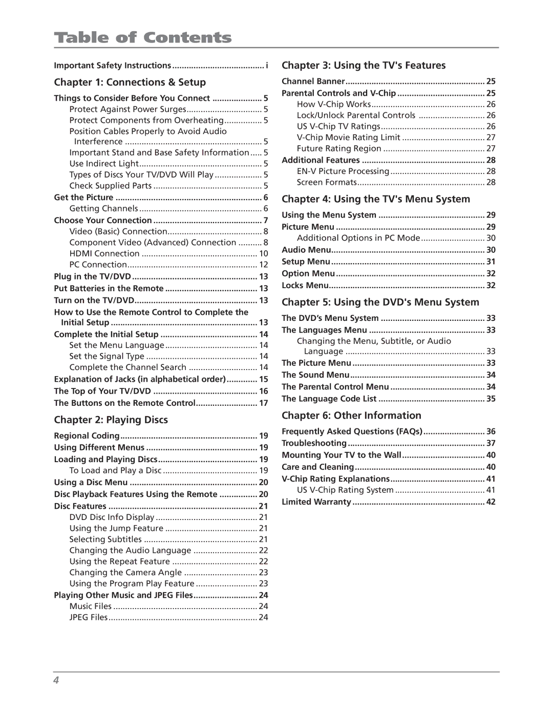 RCA L26WD26D warranty Table of Contents 