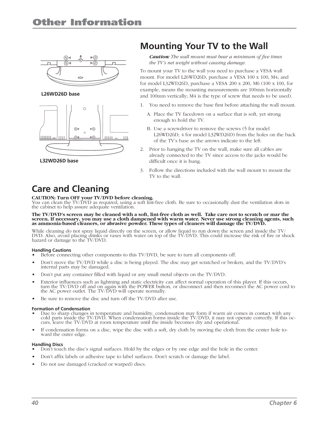 RCA L26WD26D warranty Mounting Your TV to the Wall, Care and Cleaning 