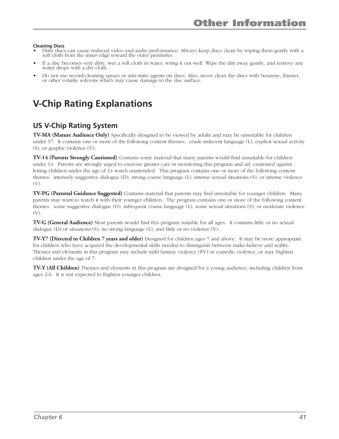 RCA L26WD26D warranty Chip Rating Explanations, US V-Chip Rating System 