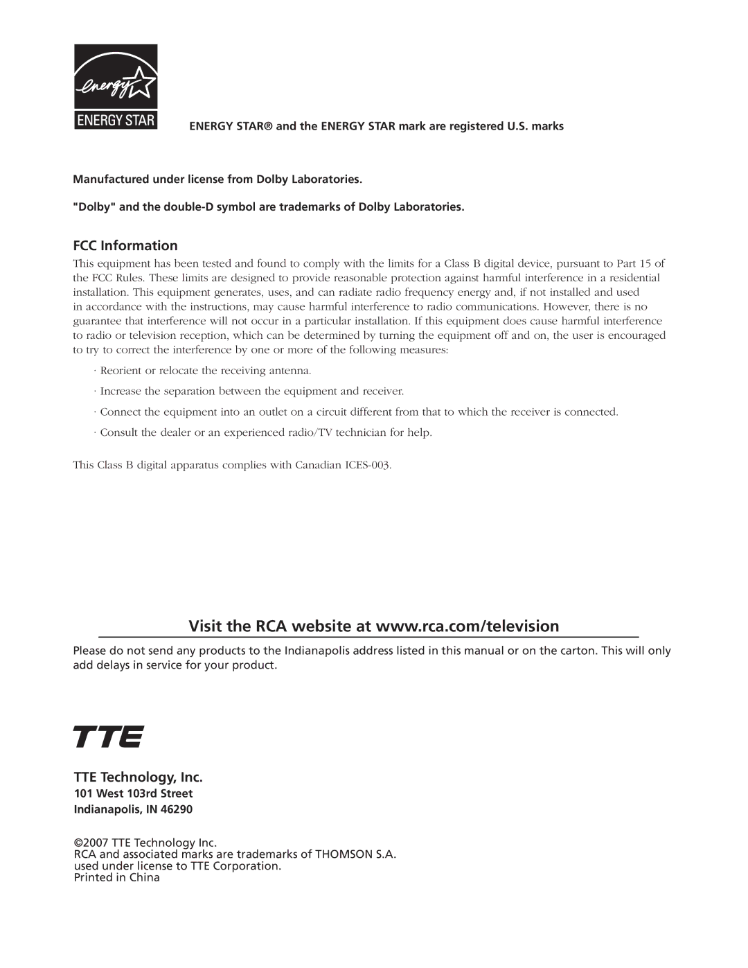 RCA L26WD26D warranty FCC Information, TTE Technology, Inc 