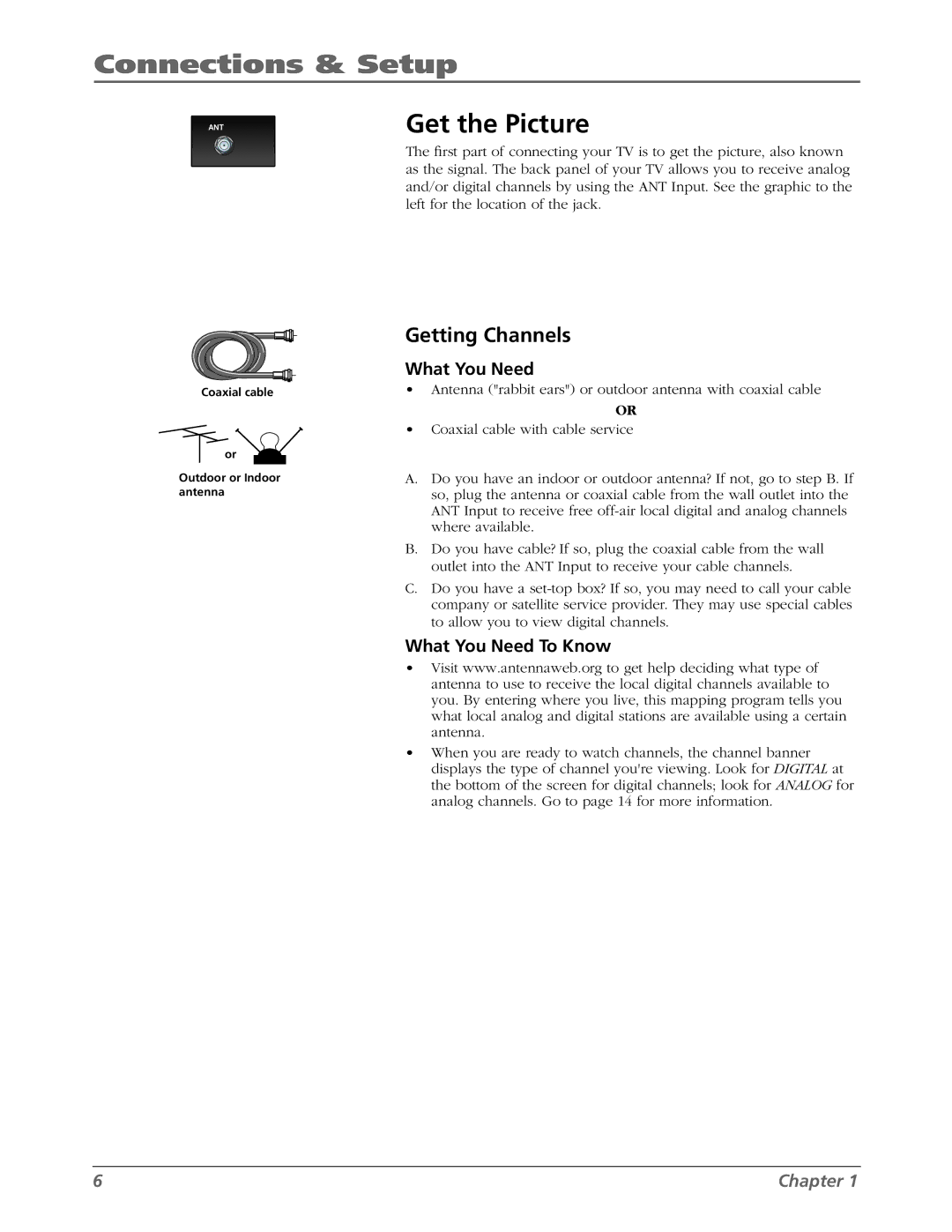 RCA L26WD26D warranty Connections & Setup, Get the Picture, Getting Channels, What You Need To Know 