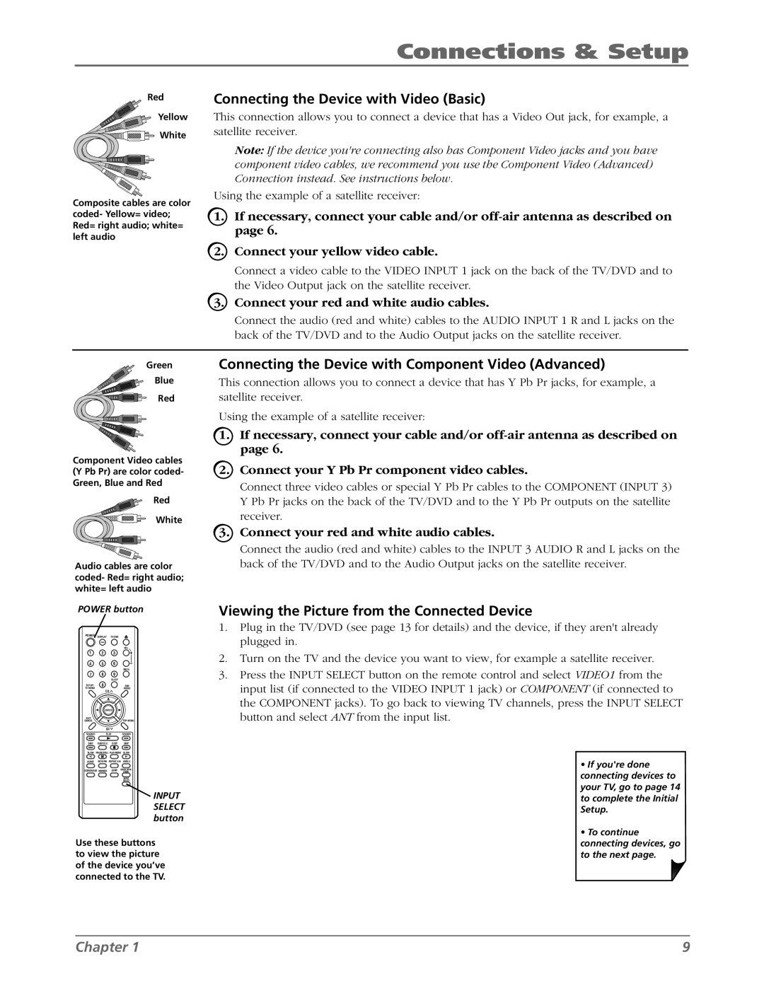 RCA L26WD26D warranty Connecting the Device with Video Basic, Connecting the Device with Component Video Advanced 