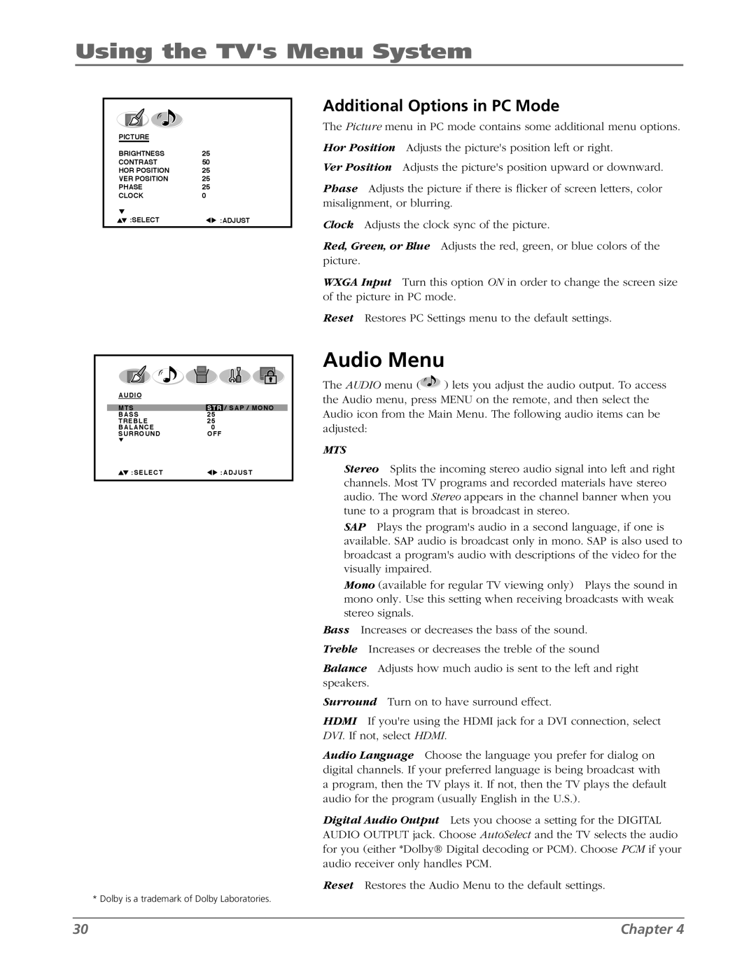 RCA L26WD26D warranty Using the TVs Menu System, Audio Menu, Additional Options in PC Mode, Chapter 