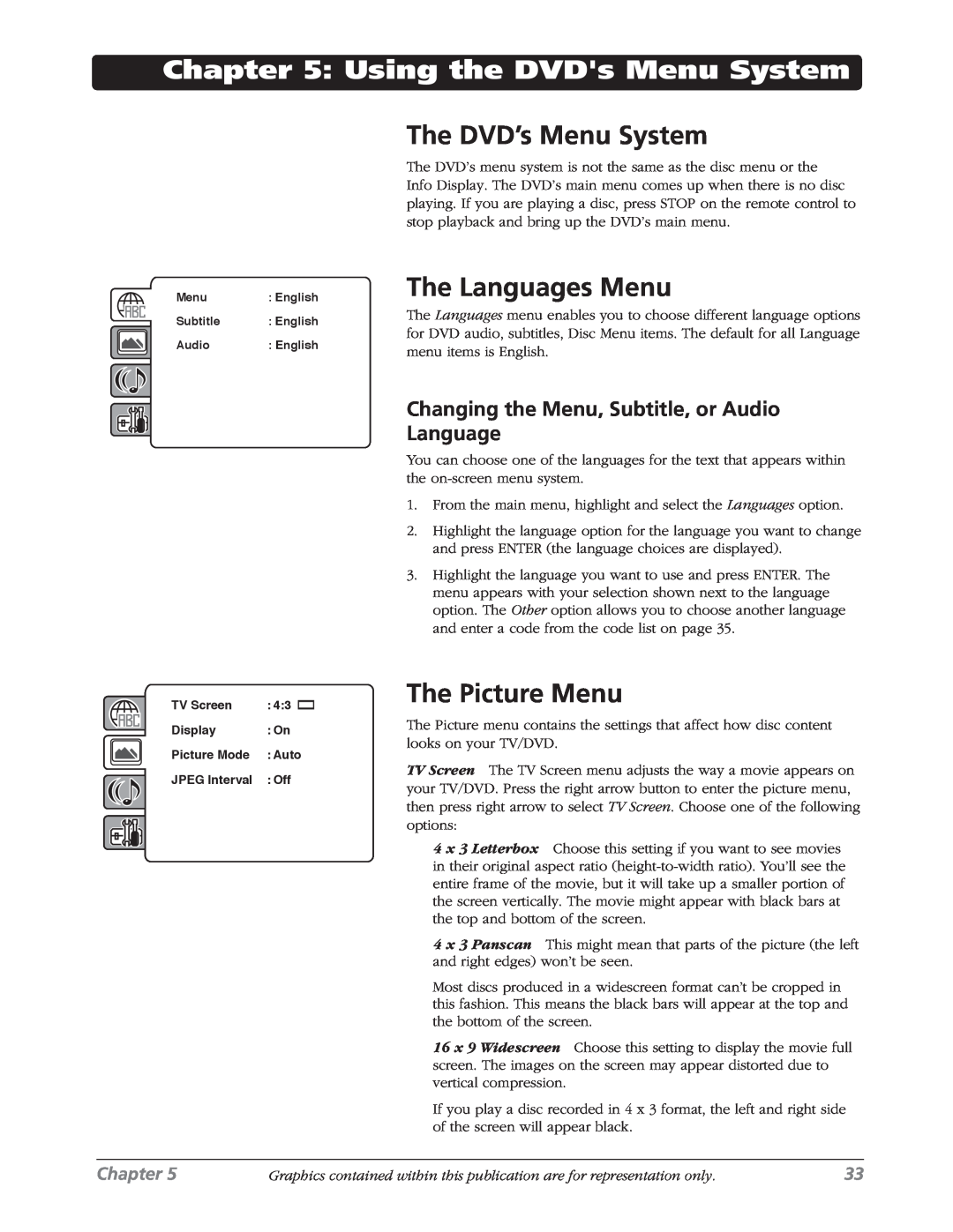 RCA L26WD26D warranty Using the DVDs Menu System, The DVD’s Menu System, The Languages Menu, The Picture Menu, Chapter 