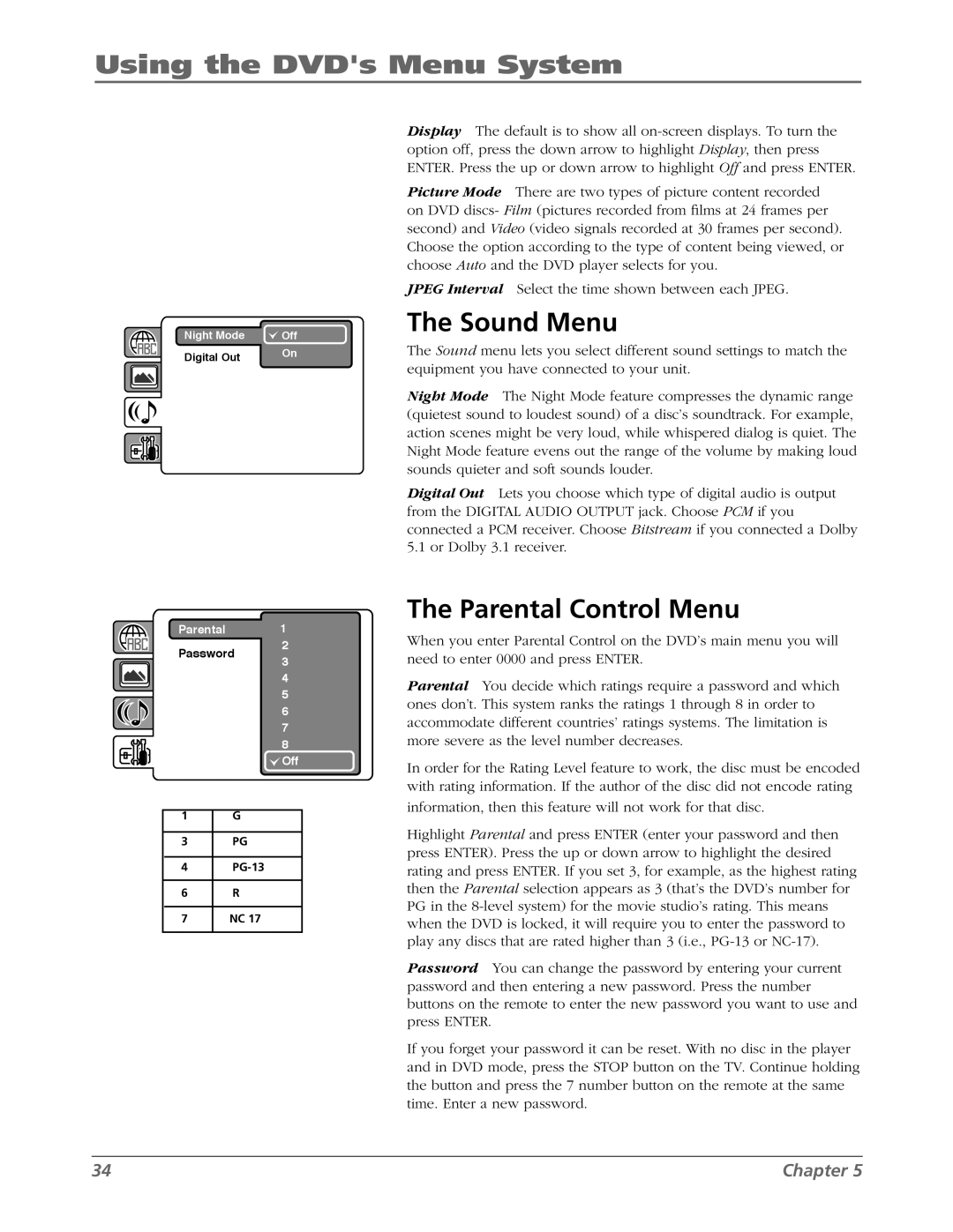 RCA L26WD26D warranty Using the DVDs Menu System, The Sound Menu, The Parental Control Menu, Chapter 